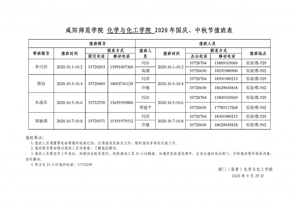 2020年国庆、中秋节值班表